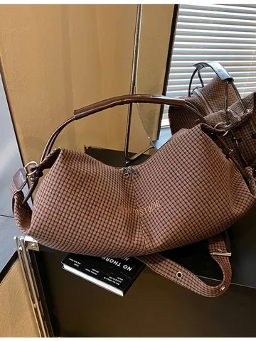 Women Retro Gingham Large Capacity Shoulder Bag Casual PU Leather Crossbody Tote Bag Dumpling Shape Commuter Bag For Women