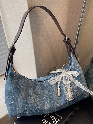 Bolso de Axila de Denim Vintage Con Strass Lazo de Encaje y Perla Artificial Bolso Hobo Y2K Para Mujer Moda