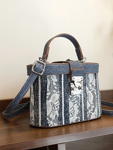 Vintage Denim Lace Splicing Box Bag For Women Fashion Crossbody Shoulder Bag With Metal Lock Handle Daily Party Bag