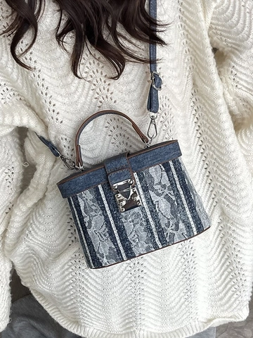 Vintage Denim Lace Splicing Box Bag For Women Fashion Crossbody Shoulder Bag With Metal Lock Handle Daily Party Bag
