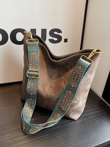 Large Capacity Retro PU Bucket Bag for Women Bohemian Wide Strap Ethnic Pattern Shoulder Crossbody Tote Autumn Commuter Bag