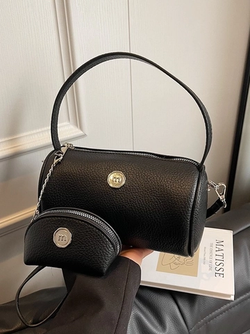 Women Fashion Litchi Texture Barrel Bag Small Pouch Crossbody Bag Urban Commute Handbag Shoulder Bag Silver Hardware