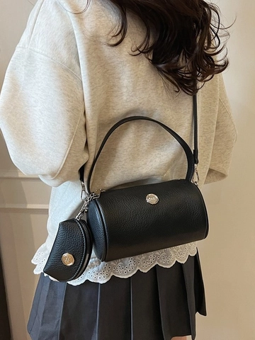 Women Fashion Litchi Texture Barrel Bag Small Pouch Crossbody Bag Urban Commute Handbag Shoulder Bag Silver Hardware