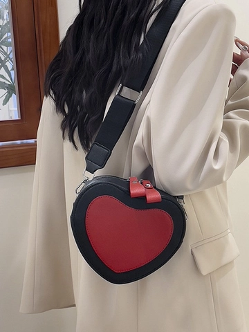 Bolso Bandolera de Mujer con Forma de Corazón a la Moda Color de Contraste Cuero PU Bolso de Hombro para Móvil Trendy