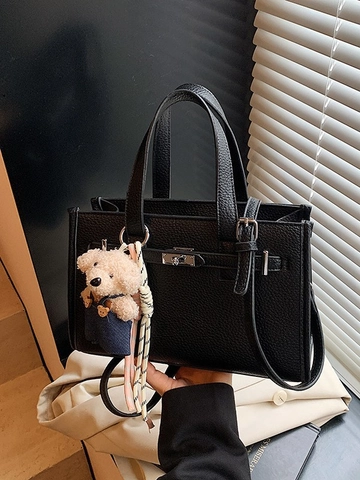 Borsa a Mano Quadrata Piccola in Pelle PU con Trama Litchi di Nicchia Donna Con Ciondolo a Orsetto Borsa a Tracolla