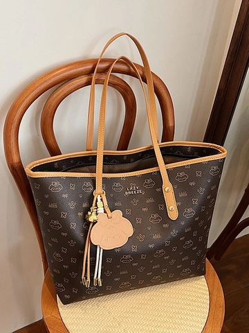 Women Fashion Large Capacity PU Leather Tote Bag Lazy Breeze Cartoon Printed Shoulder Bag Casual Contrast Handbag