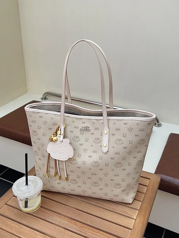 Women Fashion Large Capacity PU Leather Tote Bag Lazy Breeze Cartoon Printed Shoulder Bag Casual Contrast Handbag