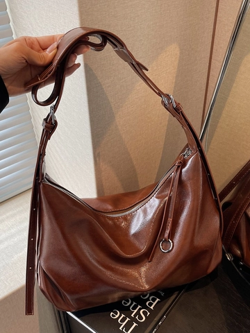 Women Large Capacity Soft PU Leather Tote Bag Minimalist Hobo Shoulder Bag Vintage Glossy Crossbody Bag For Daily Commute