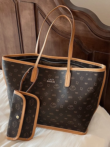 Women PU Leather Tote Bag With Matching Pouch Large Capacity Shoulder Bag Cartoon Monogram Print Casual Commuter Bag