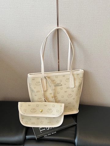 Women PU Leather Tote Bag With Matching Pouch Large Capacity Shoulder Bag Cartoon Monogram Print Casual Commuter Bag