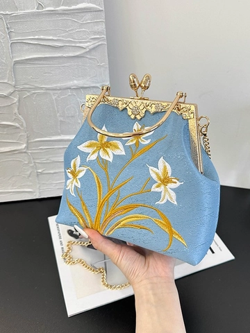 Borsa a Tracolla Retro in Tessuto con Ricamo Floreale e Chiusura a Scatto per Donna Stile Cinese Motivo Giglio con Catena