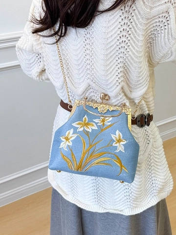 Borsa a Tracolla Retro in Tessuto con Ricamo Floreale e Chiusura a Scatto per Donna Stile Cinese Motivo Giglio con Catena