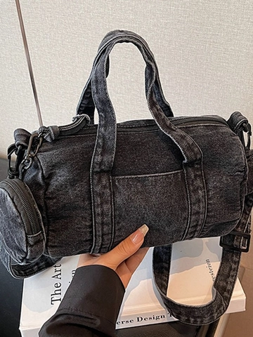 Vintage Washed Denim Boston Bag For Women With Detachable Round Coin Purse Casual Crossbody Handbag Adjustable Strap Fashion Travel Pouch