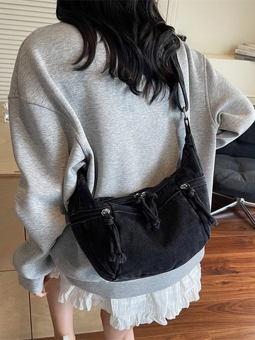 Borsa a Tracolla da Donna in Denim Lavato Vintage Casual Half Moon Hobo Borsa a Spalla Cerniere Multiple Nappina Borsa Dumpling