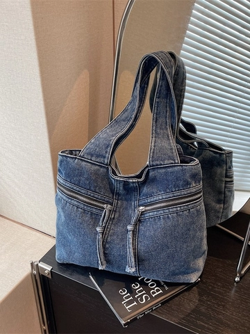 Women Large Capacity Washed Denim Tote Bag American Vintage Shoulder Bag With Decorative Zippers Casual Commuting Handbag