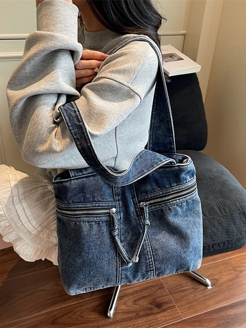 Women Large Capacity Washed Denim Tote Bag American Vintage Shoulder Bag With Decorative Zippers Casual Commuting Handbag