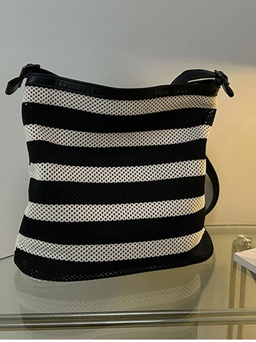 Women's Black and White Striped Woven Crossbody Hobo Bag Large Capacity Hollow Out Tote Bag For Summer Vacation Daily Commute