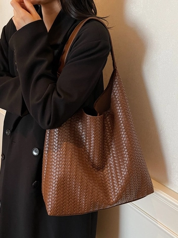 Retro Geflochtene PU Leder Tragetasche Für Damen Große Kapazität Umhängetasche Koreanischer Stil Pendeln Unterarm Handtasche Arbeit