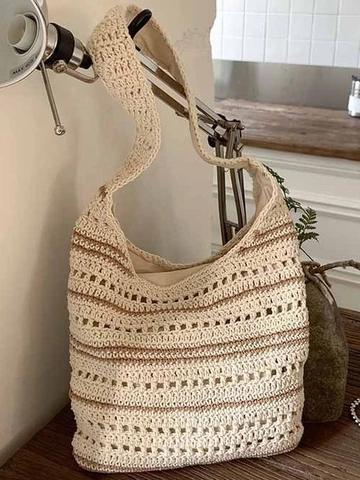 Gewebte Häkeln Ausschnitt Gestreifte Umhängetasche Große Kapazität Handtasche Casual Strand Urlaub Tote Bag Für Damen Alltag