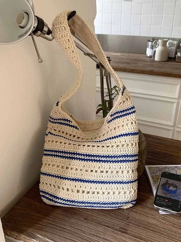 Gewebte Häkeln Ausschnitt Gestreifte Umhängetasche Große Kapazität Handtasche Casual Strand Urlaub Tote Bag Für Damen Alltag