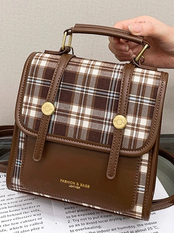 British Style Retro Plaid Patchwork PU Leather Backpack For Women Small Handbag Crossbody Bag Contrast Color Fashion Student Daypack