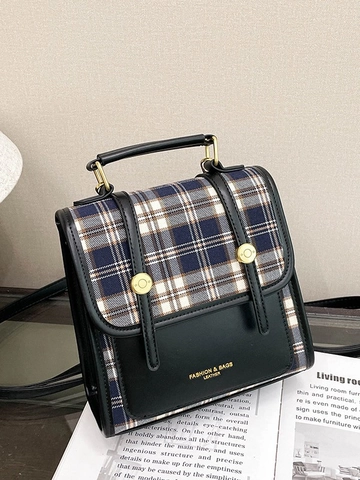 British Style Retro Plaid Patchwork PU Leather Backpack For Women Small Handbag Crossbody Bag Contrast Color Fashion Student Daypack