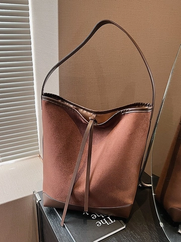 Bolso de Cubo Retro de Gran Capacidad para Mujer de PU y Gamuza Bolso de Hombro de Bloque de Color Bolso Casual para Uso Diario