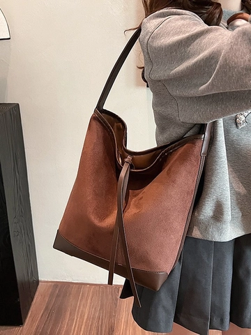 Bolso de Cubo Retro de Gran Capacidad para Mujer de PU y Gamuza Bolso de Hombro de Bloque de Color Bolso Casual para Uso Diario