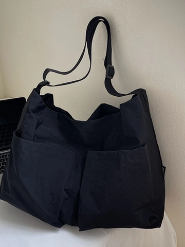 Women Large Capacity Canvas Tote Bag Casual Crossbody Shoulder Bag With Front Pockets Wrinkled Texture Solid Color Handbag