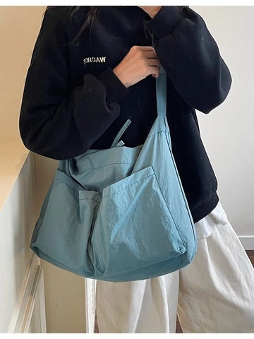Women Large Capacity Canvas Tote Bag Casual Crossbody Shoulder Bag With Front Pockets Wrinkled Texture Solid Color Handbag