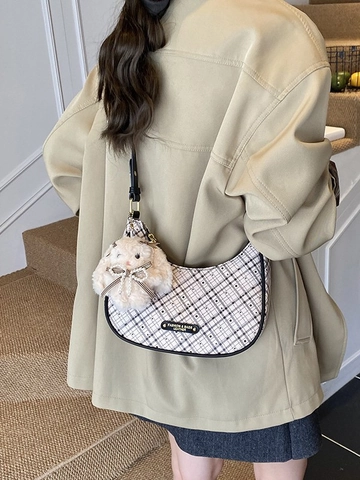 Women Plaid Hobo Crossbody Bag PU Leather Polka Dot Shoulder Bag With Cute Rabbit Charm For Daily Commute Fashion Underarm Bag