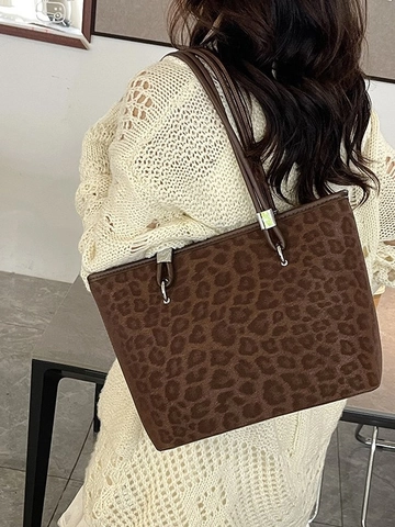 Women Leopard Print PU Leather Tote Bag Large Capacity Shoulder Bag Retro Fashion Commuting Handbag For Office Outdoor Women