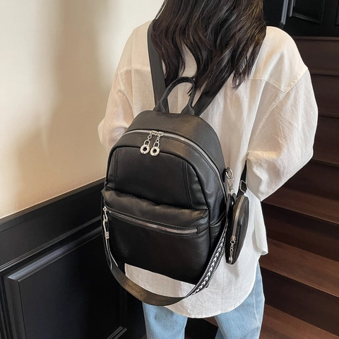 Fashion PU Leather Backpack Women Casual Lightweight Travel Bag With Detachable Coin Purse Ladies Schoolbag