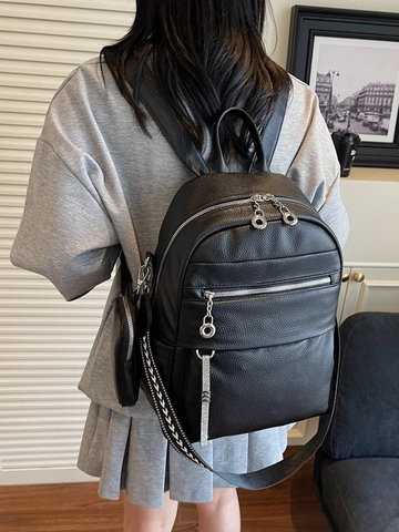 Vintage PU Leather Litchi Texture Backpack For Women Fashion Large Capacity School Bag With Geometric Strap Everyday Casual Daypack