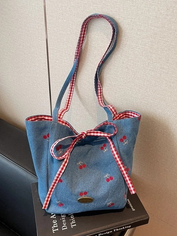 Sac Fourre-Tout En Toile Pour Femme À Grande Capacité Pour Le Quotidien Avec Des Motifs De Broderie Et Une Décoration De Nœud Style Casual