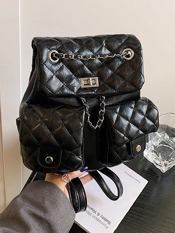 Women Fashion Quilted Rhombus Backpack PU Leather Chain Strap Small Knapsack Elegant Turn Lock Bag Daily Casual Backpack