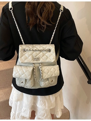 Women Fashion Quilted Rhombus Backpack PU Leather Chain Strap Small Knapsack Elegant Turn Lock Bag Daily Casual Backpack