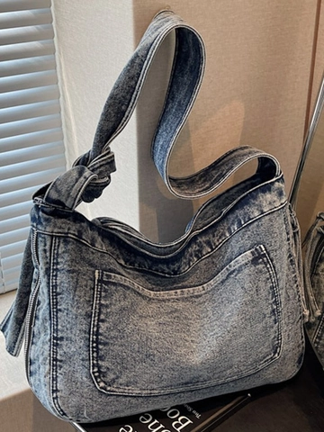 Women Large Capacity Retro Denim Tote Bag Casual Hobo Shoulder Bag With Knotted Strap Acid Wash Denim Crossbody Bag