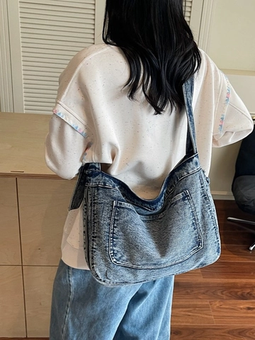 Women Large Capacity Retro Denim Tote Bag Casual Hobo Shoulder Bag With Knotted Strap Acid Wash Denim Crossbody Bag