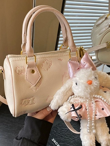 Sac Oreiller Boston en Cuir PU Mode Femme Sac Bandoulière Gauffré Motif Litchi Avec Pendentif Lapin en Peluche Mignon Sac Baril
