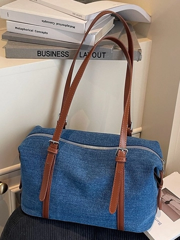 Vintage Denim Schoudertas Voor Dames Grote Capaciteit Gewassen Denim Tote Tas Met Verstelbare Riem Retro Boston Handtas Dagelijks