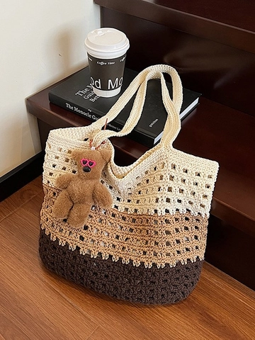 Damen Handgestrickte Häkel Tote Bag Farbverlauf Große Kapazität Ausgehöhlte Schultertasche Für Sommer Strand Urlaub