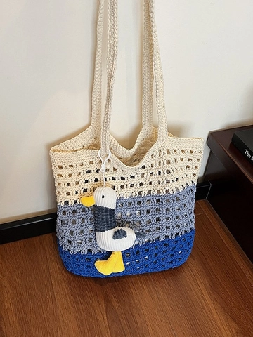 Damen Handgestrickte Häkel Tote Bag Farbverlauf Große Kapazität Ausgehöhlte Schultertasche Für Sommer Strand Urlaub