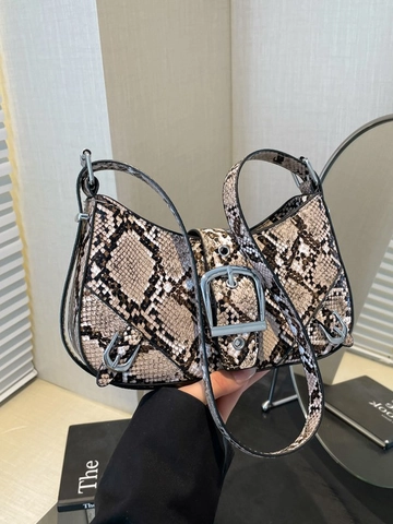 Sac Sous le Bras pour Femme Imprimé Serpent Sac Bandoulière en Cuir PU Mode Boucle Argentée Vintage Sac à Épaule