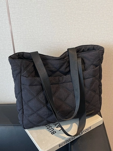 Women's Rhombic Quilted Shoulder Bag Large Capacity Padded Fabric Tote Bag Fashion Minimalist Commuter Underarm Bag