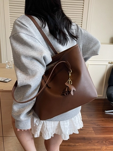 Sac Cabas Femme en Cuir PU Grande Capacité Avec Pendentif Éléphant Surpiqûres Contrastées Sac à Épaule pour Navette Étudiante Femme