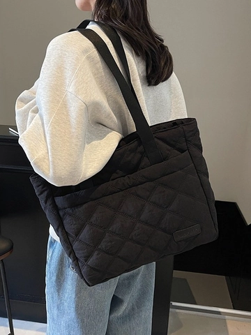 Women's Rhombic Quilted Shoulder Bag Large Capacity Padded Fabric Tote Bag Fashion Minimalist Commuter Underarm Bag