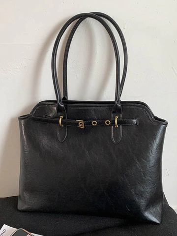 Vintage PU Leather Large Capacity Tote Bag For Women Retro Commuter Shoulder Bag With Pleated Detail And Metal Buckle