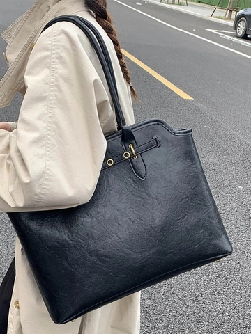 Vintage PU Leather Large Capacity Tote Bag For Women Retro Commuter Shoulder Bag With Pleated Detail And Metal Buckle