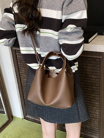 Sac Seau en Cuir PU Rétro pour Femmes Sac à Main Motif Litchi avec Bandoulière Réglable Sac à Bandoulière Mode pour Trajet Quotidien